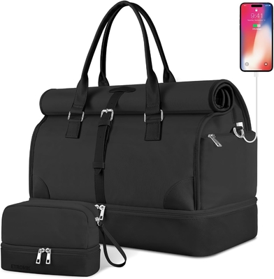 comprar Black Canvas Carry on Expandable Weekend Airplanes Toiletry Saco de viagem com compartimento para sapatos e porta de carregamento USB online manufacture