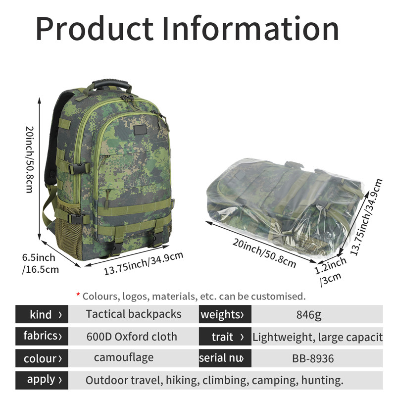 Negro Grande capacidade à prova d'água Viagens personalizadas Mochila tática militar com alça de ombro para Homens