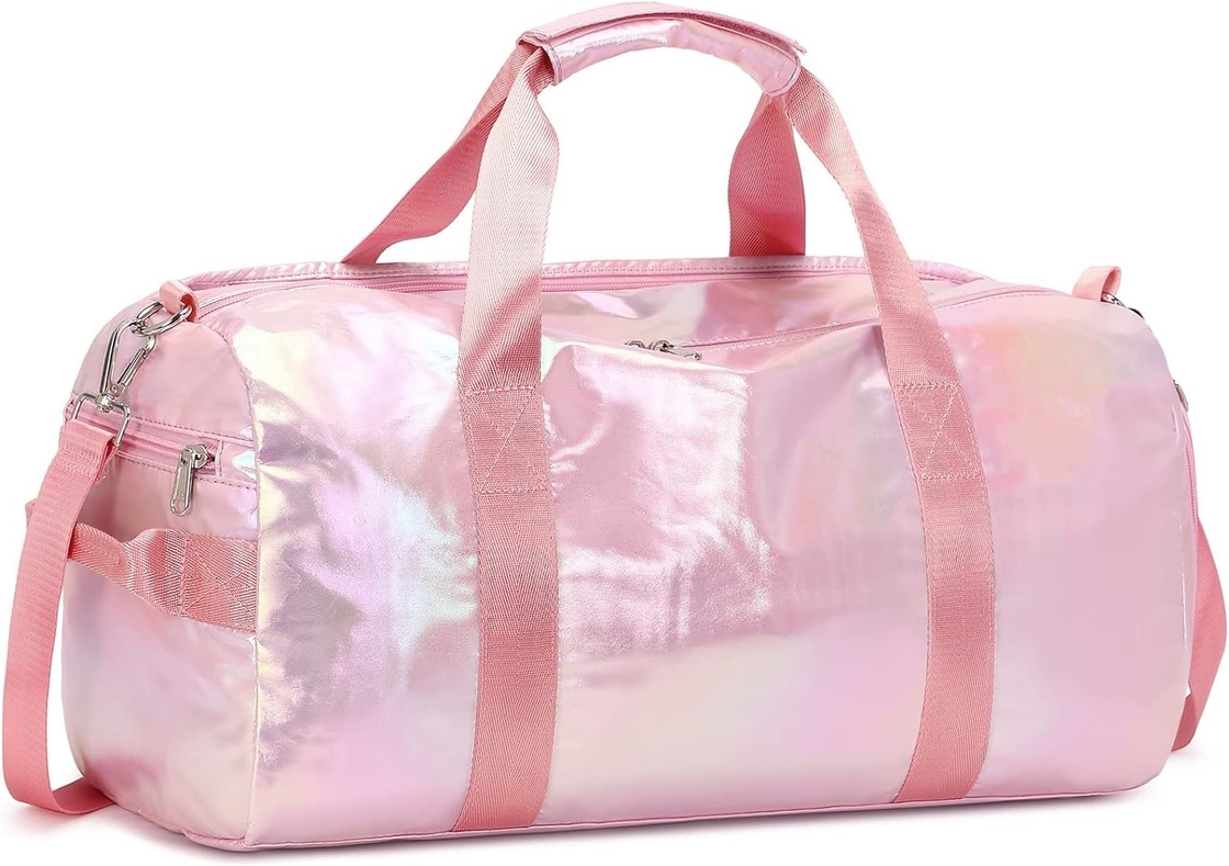 Resistente à água Poliéster Metálico Cor Rosa Overnight Weekend Gym Dance Bag com bolso molhado