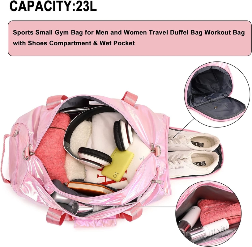 Resistente à água Poliéster Metálico Cor Rosa Overnight Weekend Gym Dance Bag com bolso molhado
