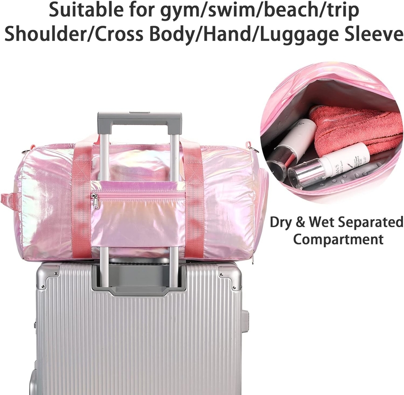 Resistente à água Poliéster Metálico Cor Rosa Overnight Weekend Gym Dance Bag com bolso molhado