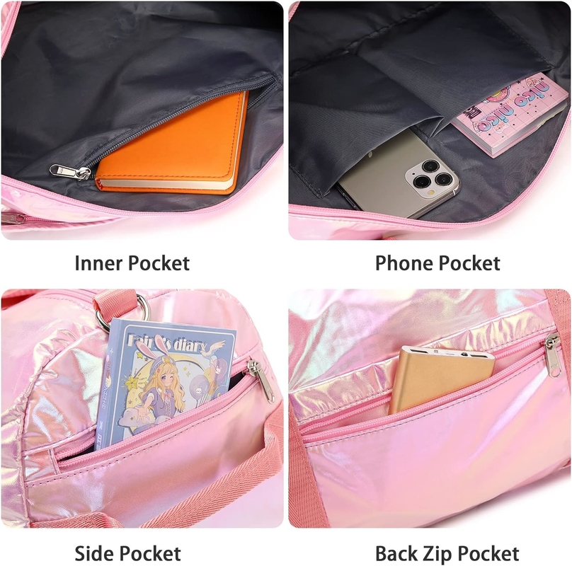 Resistente à água Poliéster Metálico Cor Rosa Overnight Weekend Gym Dance Bag com bolso molhado