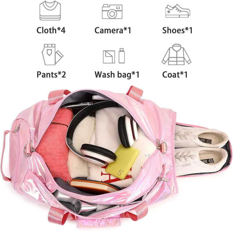 Resistente à água Poliéster Metálico Cor Rosa Overnight Weekend Gym Dance Bag com bolso molhado