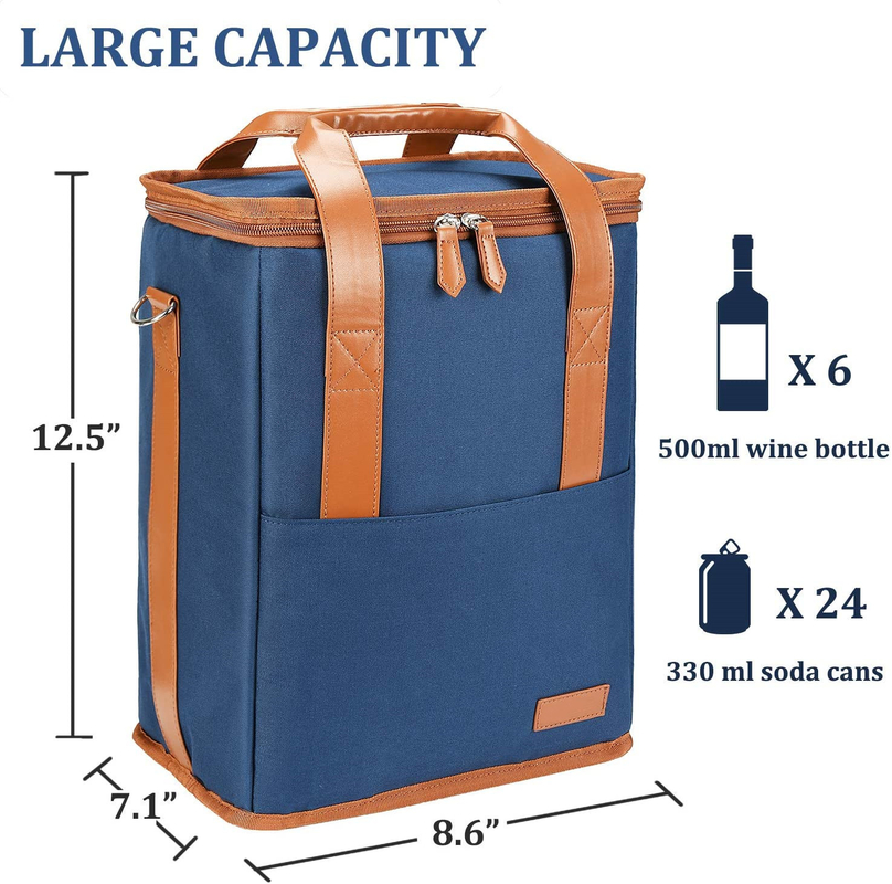 Xl Bolsa de arrefecimento isolada personalizada para mercearia Vinho 6 garrafas 8.6X7.1X12.5 