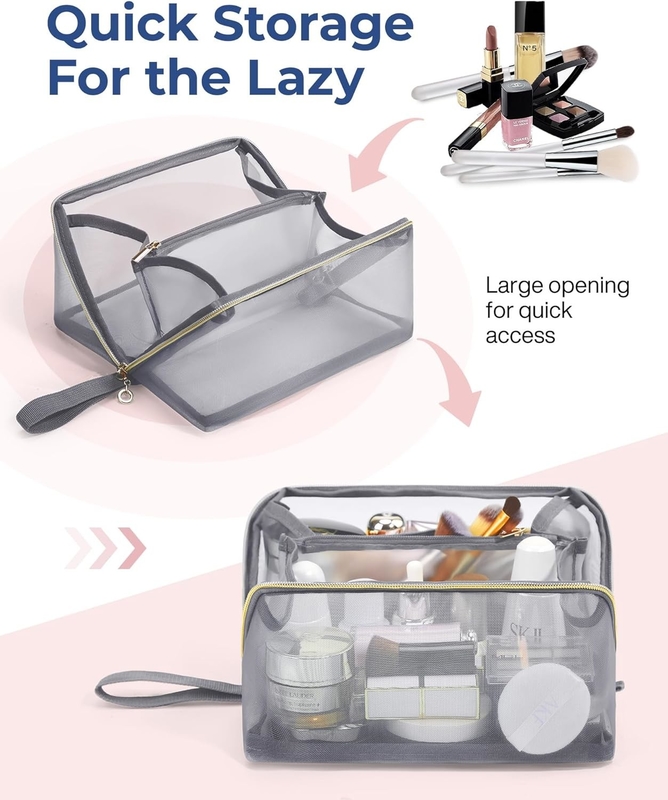 Saco de viagem portátil de malha preta grande Saco cosmético aberto organizador plano Saco de viagem para homens mulheres