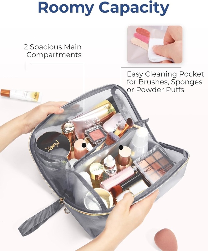 Saco de viagem portátil de malha preta grande Saco cosmético aberto organizador plano Saco de viagem para homens mulheres