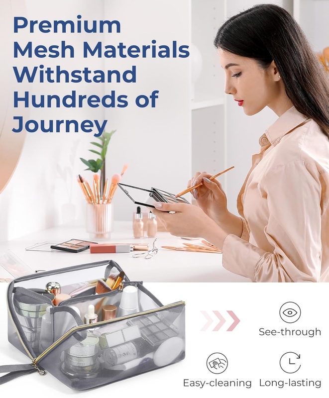 Saco de viagem portátil de malha preta grande Saco cosmético aberto organizador plano Saco de viagem para homens mulheres
