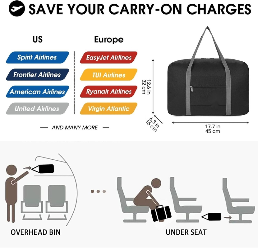 Large Size Airline Underseat Foldable Carry On Baggage Bag Duffel Travel Bag Para Mulheres