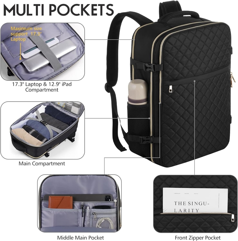 Large Flight Approved Carry On Water Resistant Anti-Theft Casual Travel Bag Fit Laptop de 17 polegadas com porta de carregamento USB