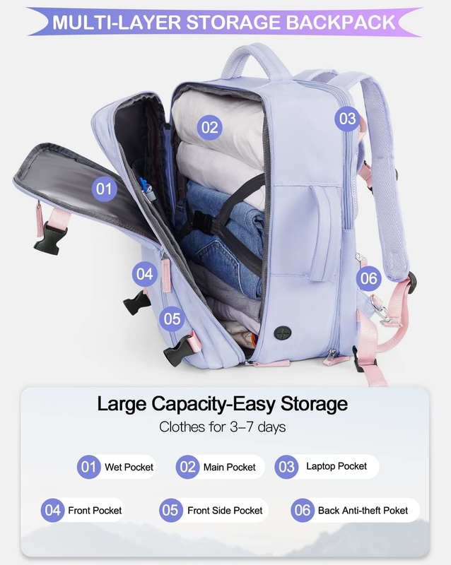 Purple 17,3 polegadas Laptop Companhia Aérea aprovado Carregar em bagagem como itens pessoais Semana de caminhadas Saco de viagem para mulheres