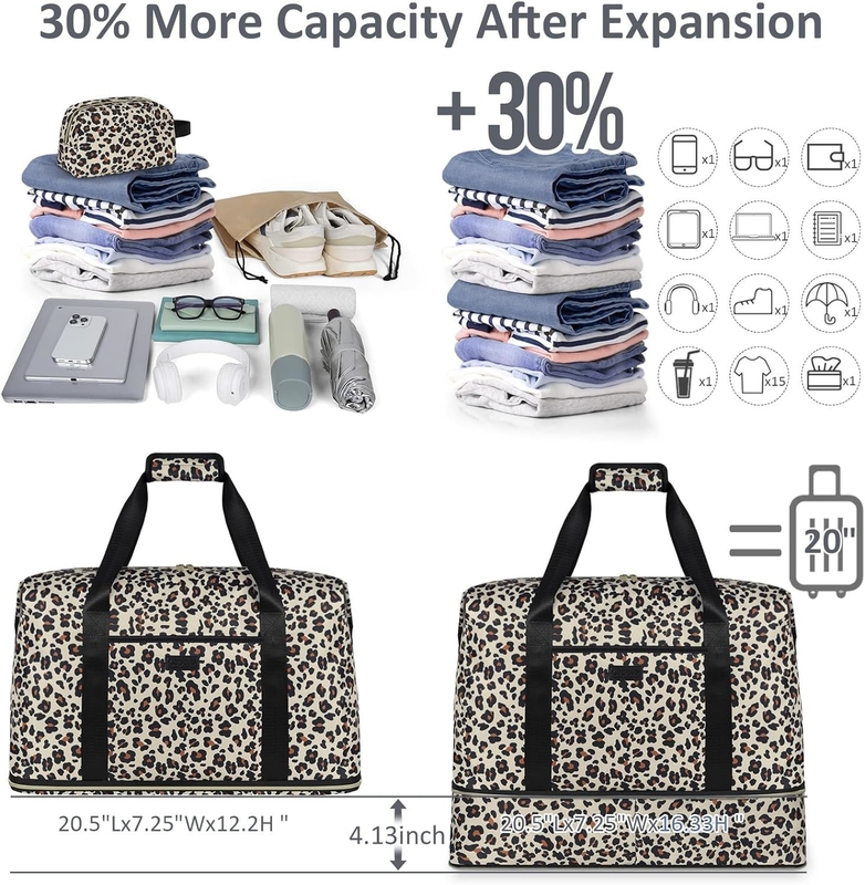 Leopardo Expandivel Grande Weekend Overnight Impermeável Carregar no ombro Tote Saco de viagem ith Saco de higiene