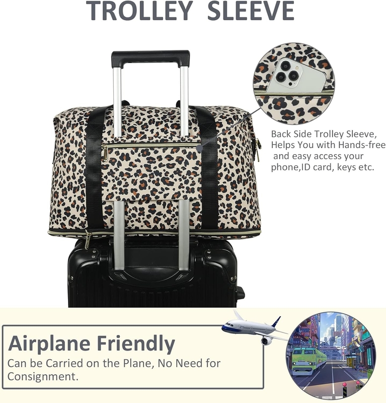 Leopardo Expandivel Grande Weekend Overnight Impermeável Carregar no ombro Tote Saco de viagem ith Saco de higiene