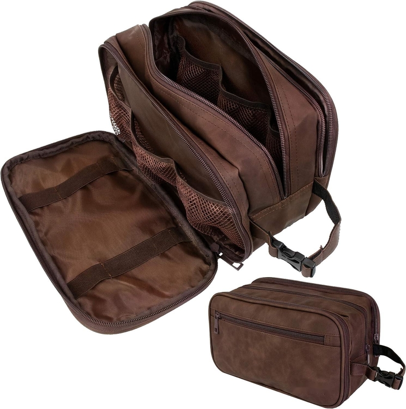 Dopp Kit resistente à água castanho escuro PU Saco de barbear de couro Organizador Saco de viagem para acessórios Higiene cosmética