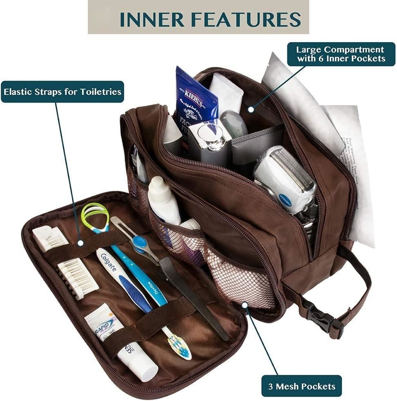 Dopp Kit resistente à água castanho escuro PU Saco de barbear de couro Organizador Saco de viagem para acessórios Higiene cosmética