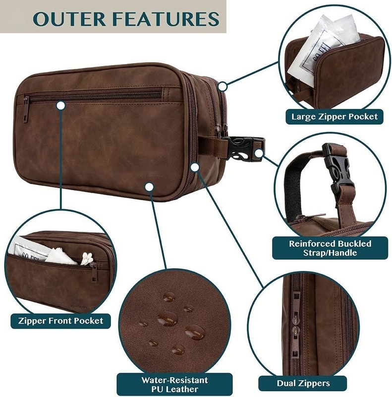 Dopp Kit resistente à água castanho escuro PU Saco de barbear de couro Organizador Saco de viagem para acessórios Higiene cosmética