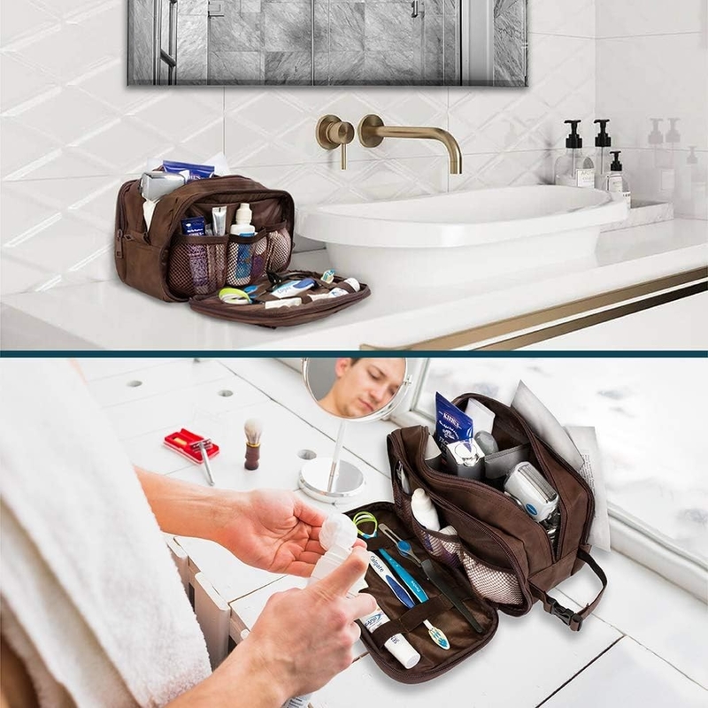 Dopp Kit resistente à água castanho escuro PU Saco de barbear de couro Organizador Saco de viagem para acessórios Higiene cosmética