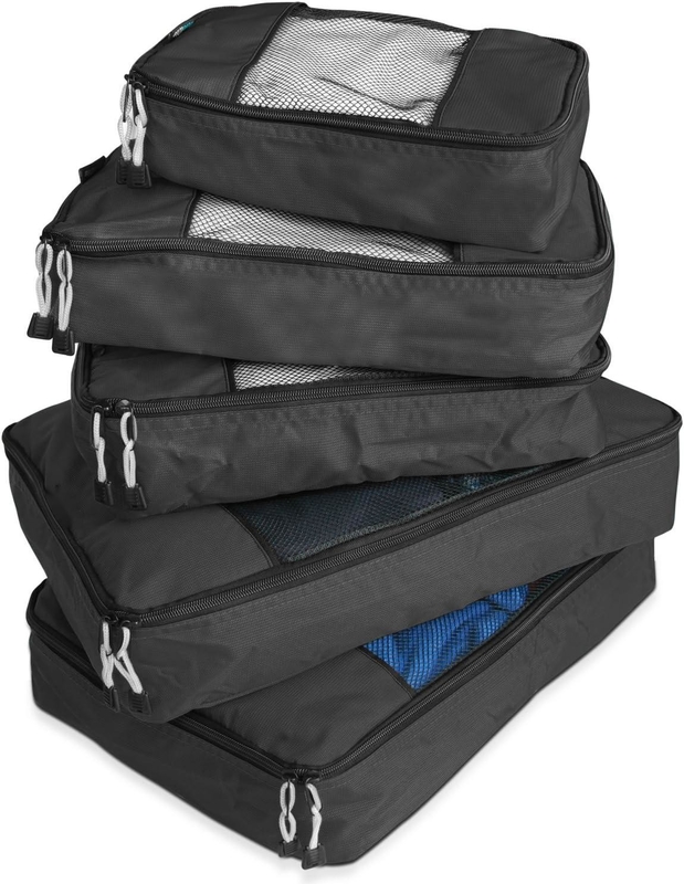 Black Large Capacity Organization Baggage Packing Cubes 5 Pack Saco de viagem com malha