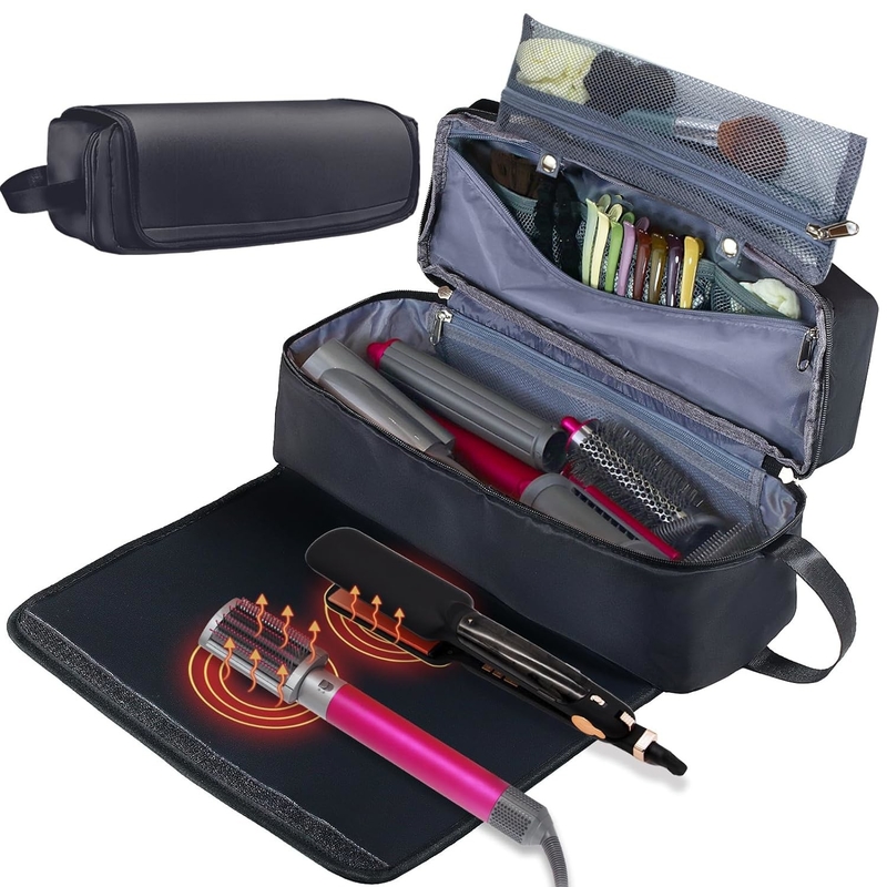 2 em 1 Saco de viagem de cabelo com esteira resistente ao calor para ferro plano Limpadores Ferro de curling e acessórios de cuidados do cabelo