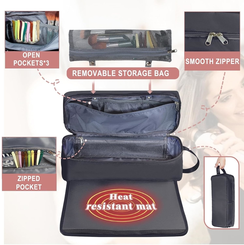 2 em 1 Saco de viagem de cabelo com esteira resistente ao calor para ferro plano Limpadores Ferro de curling e acessórios de cuidados do cabelo