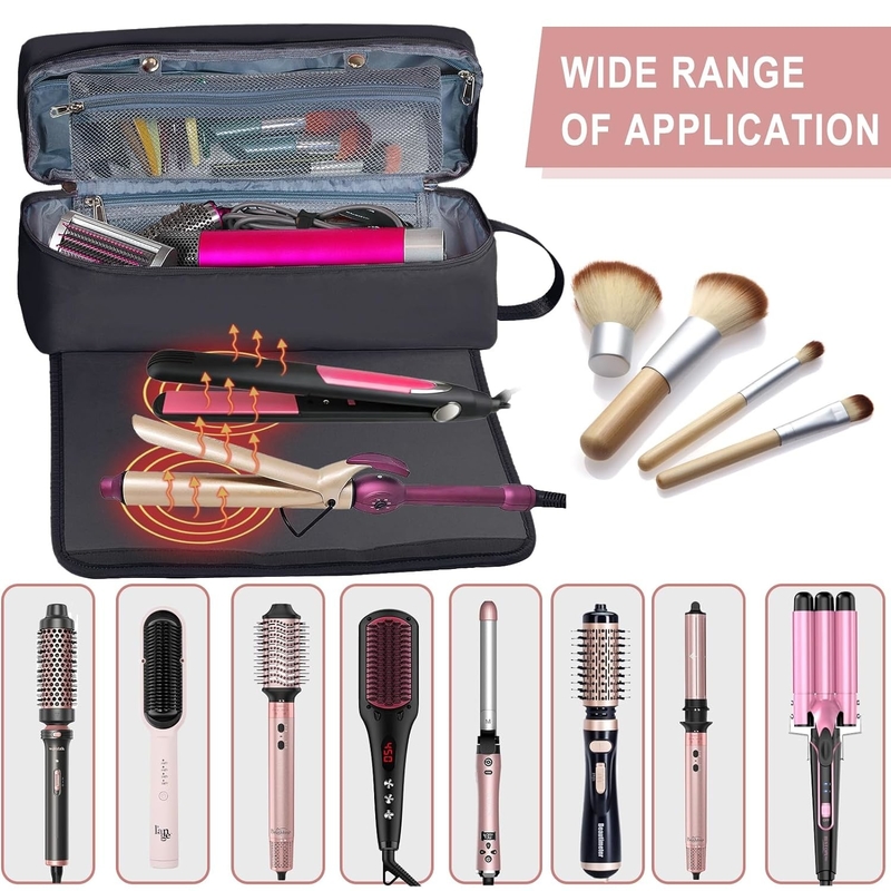 2 em 1 Saco de viagem de cabelo com esteira resistente ao calor para ferro plano Limpadores Ferro de curling e acessórios de cuidados do cabelo