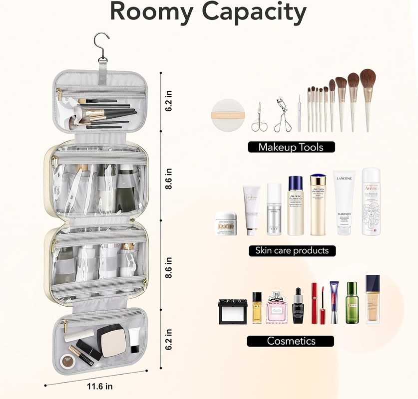 Resistente à água Toiletry branco cremoso Maquiagem pendurada Organizador cosmético Saco de viagem para Toiletries de tamanho completo Acessório