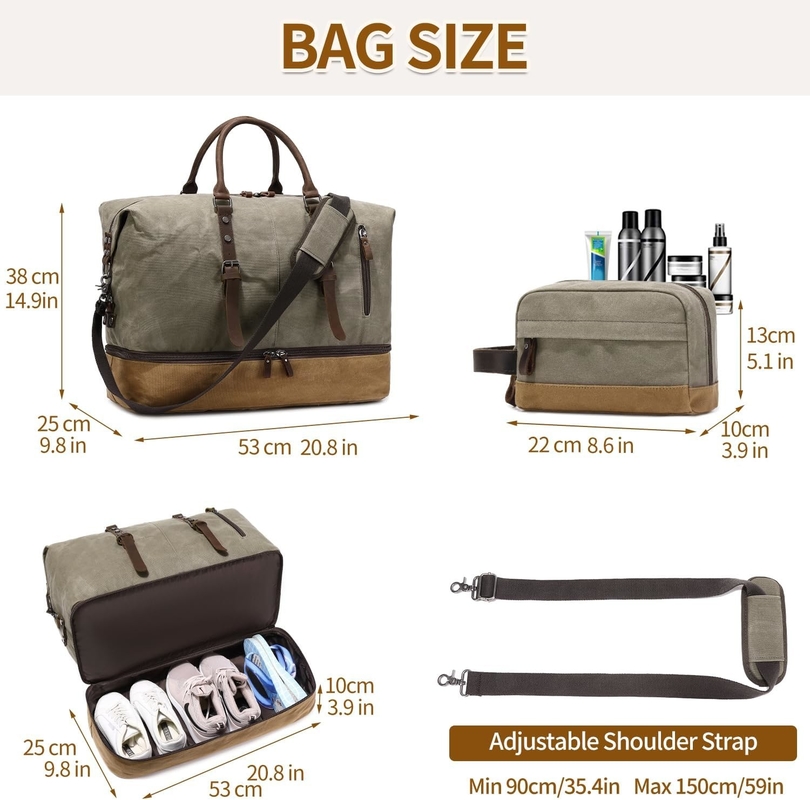 Saco de viagem Green Weekend Large Overnight Canvas Carry on Sport Gym Yoga com compartimento de sapatos