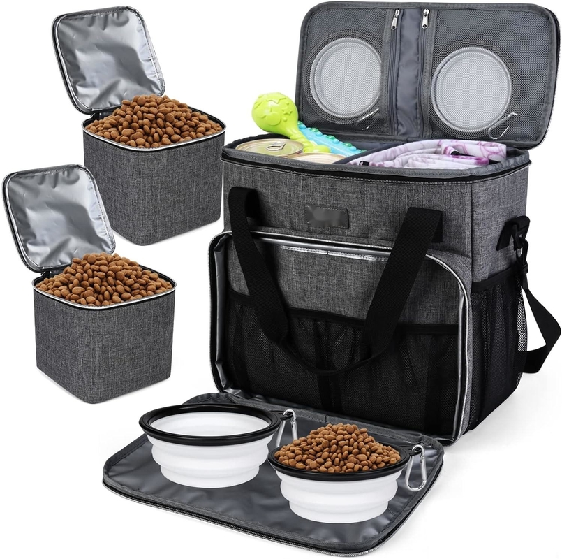 Saco de viagem para cães e gatos com 2 recipientes de alimentos para animais e 2 tigelas de silicone dobráveis