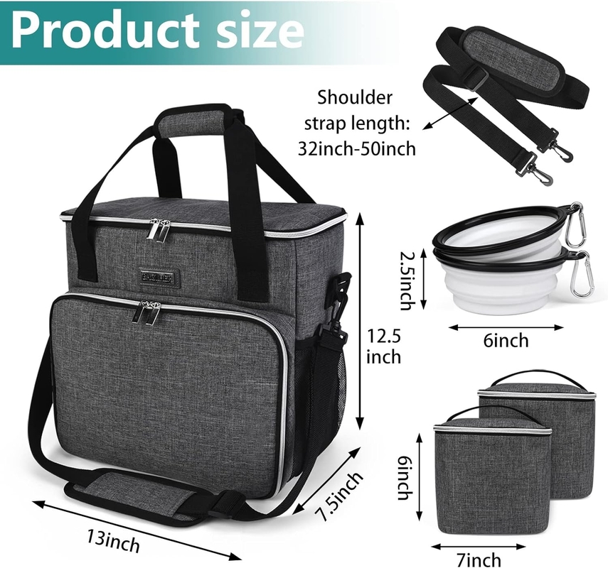 Saco de viagem para cães e gatos com 2 recipientes de alimentos para animais e 2 tigelas de silicone dobráveis