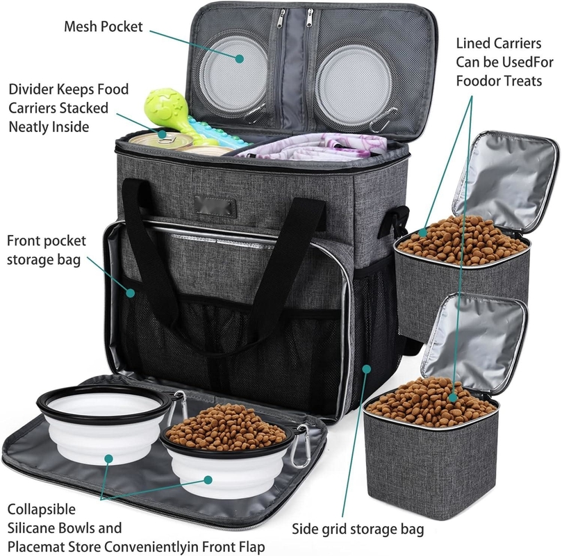 Saco de viagem para cães e gatos com 2 recipientes de alimentos para animais e 2 tigelas de silicone dobráveis