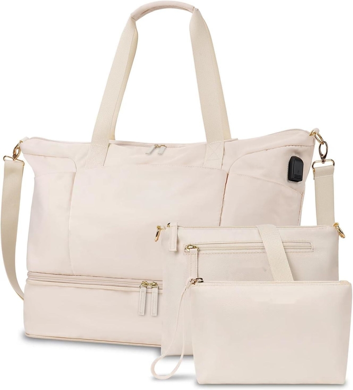 Saco de viagem de fim-de-semana com porta-bandeira de carrinho de beige com compartimento de sapatos e bolso molhado