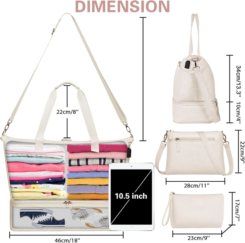 Saco de viagem de fim-de-semana com porta-bandeira de carrinho de beige com compartimento de sapatos e bolso molhado