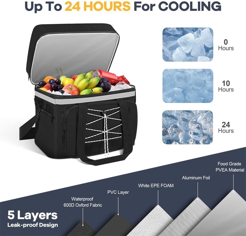 Saco refrigerador isolado portátil à prova d'água de 40L Compartimento duplo para piquenique de acampamento na praia