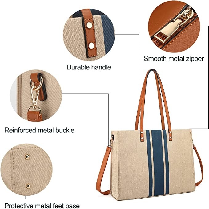 Canvas Work Laptop Tote Bag para Mulheres Casual Travel 16.33x4.7x12.99