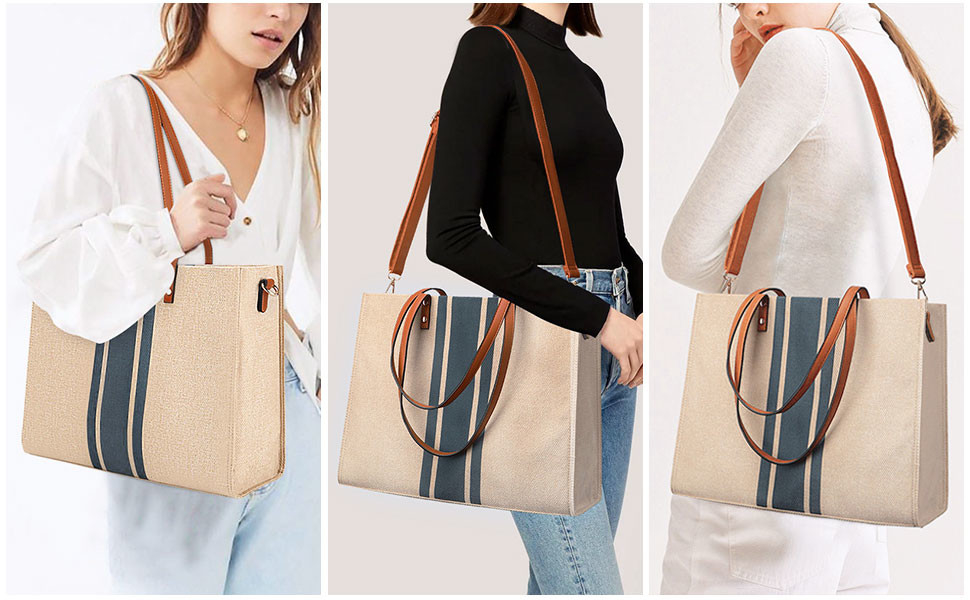 Canvas Work Laptop Tote Bag para Mulheres Casual Travel 16.33x4.7x12.99