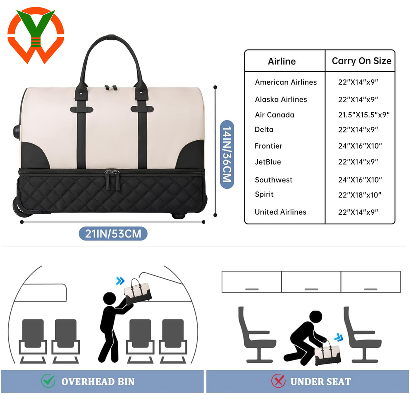 Saco de viagem de 21 polegadas de grande capacidade com compartimento de sapatos e rodas para mulheres