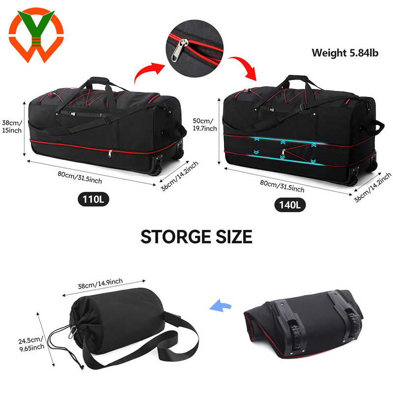 120L/140L Roda de borracha dupla de viagem dobrável Saco de duffel e vários bolsos e compartimentos